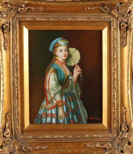 B. Fitz. Second half 20th century. Oriental lady with fan. Oil paint on panel. Size: 25 x H B 20 cm.