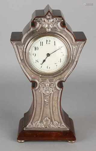 Table clock with silver front, 925/000. Art Nouveau. Rectangular molded solid mahogany table