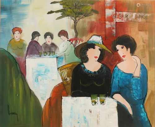 Burnet. Second half 20th century. Women on terrace. Oil on linen. Size: 50 x H, B 61 cm. In good