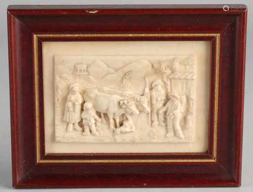 19th Century alabaster plaque List. Italian farmers with livestock show. Size: 11-8 cm. In good