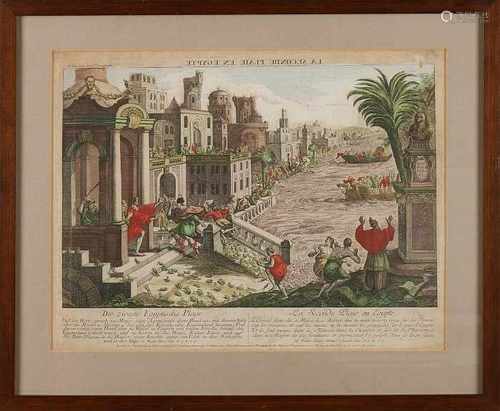 17th - 18th Century hand colored engraving. Die Zweite Ägyptische plage. Size: 34 x H, B 43 cm. In