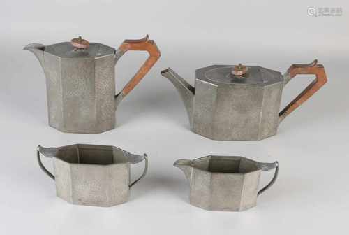 Four-piece Art Deco hammered pewter coffee / tea service. Circa 1920 Craftsman Sheffield. Some