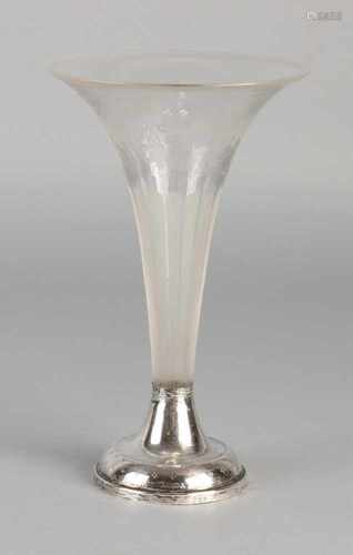 Antique trumpet-shaped cut crystals vase. Equipped with frosted floral images and 835/000 silver