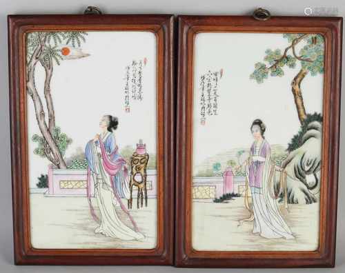 Two Chinese porcelain Republican plaques in wooden frame. Signed. With geishas in garden decor.