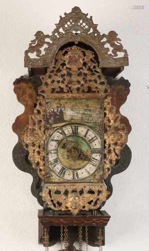 18th - 19th Century Frisian stool clock with alarm and restvergulding. Original dial. Size: 75 cm.In