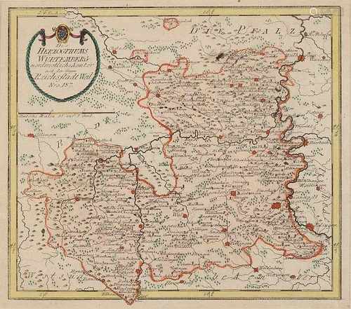 German 18th Century hand-colored map. Herzogthums Württemberg. Engraving on paper. Dimensions: H