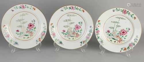 Three gift 18th century Chinese porcelain plates with Family Rose Garden / bamboo decor. Size: ø