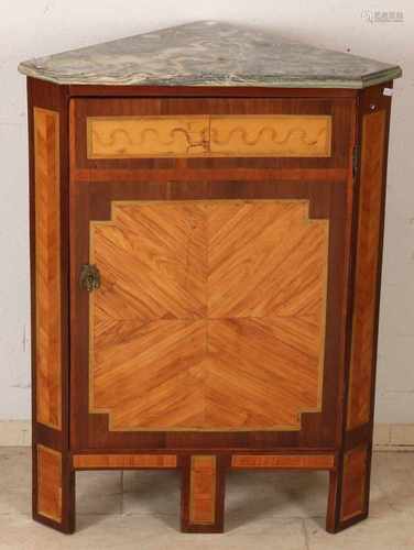 18th Century French Louis Seize corner cupboard with original marble top. Veneered with various