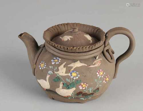 Antique Chinese Banko Earthenware teapot with bird / flower decor. Size: 9 x 16 x 11.5 cm dia. In