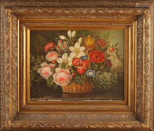 Jenson. 20th century. Still life. Basket of flowers. Oil on linen. Size: 30 x H, B 40 cm. In good