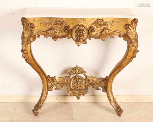 18th - 19th Century gilt console table with marble top. Some damage. Size: 80 x 40 x 27 cm. In