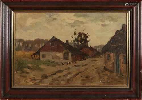 Cor Noltee. 1903 - 1967. Landscape with farm and chickens. Oil on linen. Size: 40 x H, B 60 cm. In