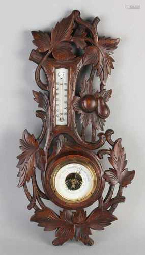 Antique wood inserted Schwarzwalder barometer with thermometer, tendrils decor. Circa 1900. Size: