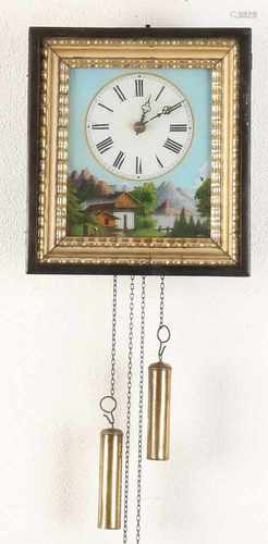 19th Century German Schwarzwalder clock painting with mountains behind glass. Half hour stroke on