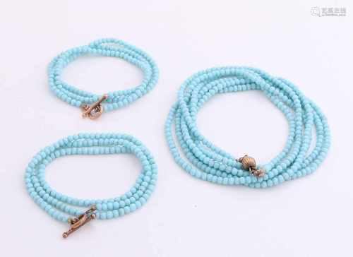 Three cables with turquoise beads ø 3mm, features golden locks, 585/000. long cord, 105 cm, with a