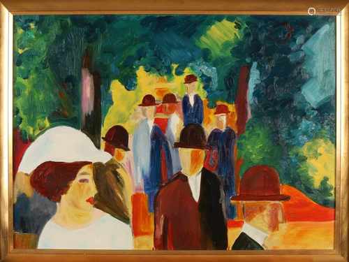 Unsigned. 20th century. Figures in park. Oil on linen. Size: 57 x H, B 78 cm. In good condition.