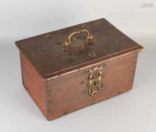 18th Century German oak trunk with engraved motto, arms and annotation 1749. Original lock and