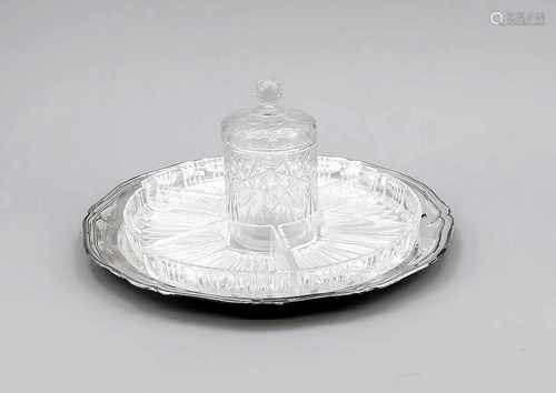 Crystal graduated scale with lid box on plated tray. Some chips. First half 20th century. Size: 16 x