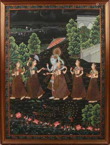 Persian painting on silk. 20th century. Court in landscape. Gouache on silk. Dimensions: H 118 x W