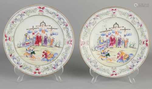 Two rare finely decorated Chinese porcelain plates with crucifixion decor / enamel floral decor.