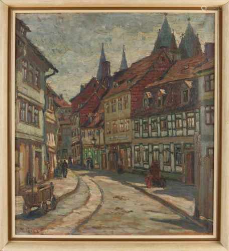 M. Gillee? Approximately 1920. Stadsgezicht with Figs. Oil on linen. Dimensions: H 75 x W 65 cm.