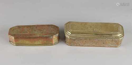 Two 18th - 19th century brass processed tobacco boxes. One meal with floral engraving. One times