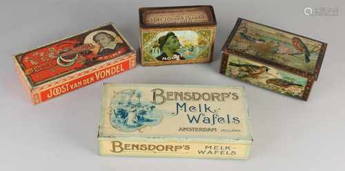 Four antique Dutch advertising stock cans. Comprising: Moor poses Tobacco, Roode Anker, A. Hillen