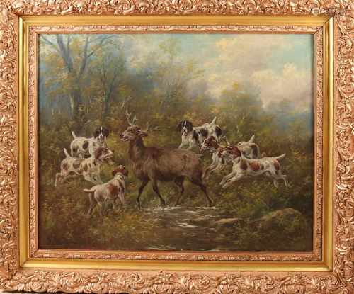 Painting bears signature H Schouten ca 1900 deer hunting in oil on canvas with gold baroque frame.