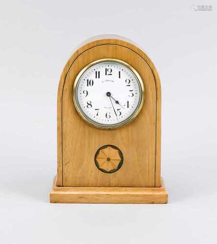 Antique walnut table clock with wood inlays. Approximately 1900. A. Gerome Rouen. Eight day French