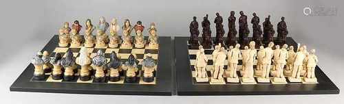 Two chess games. One time set Musicians, Studio Anne Carlton, terracotta + wooden chessboard. One