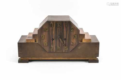 Amsterdam School, Art Deco rosewood with oak table clock. Unnoticed movement. Half hour stroke on