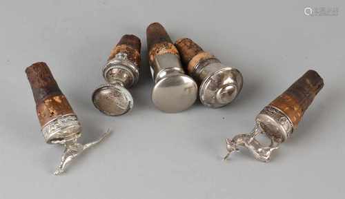 Five decorative cork, four silver; one with pheasant and one deer. And single plated. Various