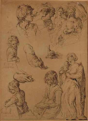 Unsigned. 17th - 18th Century. Sepia study drawing. Verso label Christies no. 17065245. drawing on