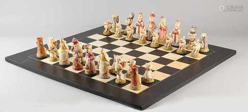 Studio Anne Carlton. Polystone chess Cats & Dogs. Hand painted with wooden chessboard. Scratch on