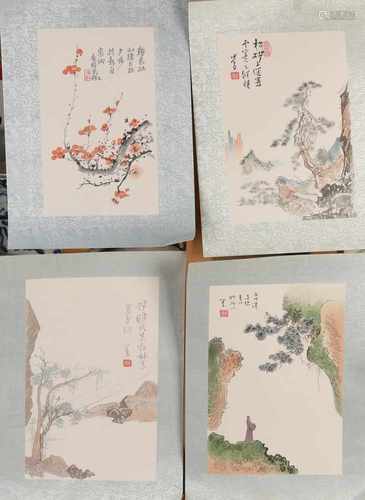 Four Japanese woodcuts. Signed. 20th century. Landscapes + floral. Woodcuts on paper. Size: 20 x H B