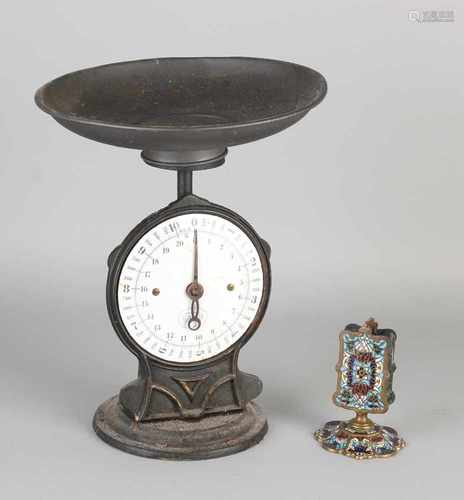 Antique cloisonne match holder, circa 1900 + iron scale with E.N.K. Schutz Marke. Size: 11-31 cm. In