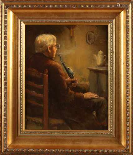 Evert Rabbers. 1875 - 1967. Enschede. Enschede watchmaker 'old Eijsink with pipe. Oil on linen.