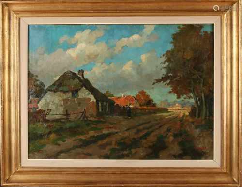 Cor Noltee 1903-1967 Farm along dirt road with a farmer. Oil on linen 60x80 cm in good condition.Cor