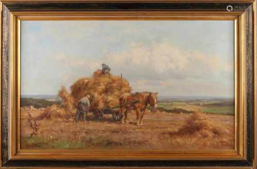 Jan Holtrop. 1917 - 1995.Boeren by horse and carriage corn harvesting. Oil on linen. Size: 51x 81