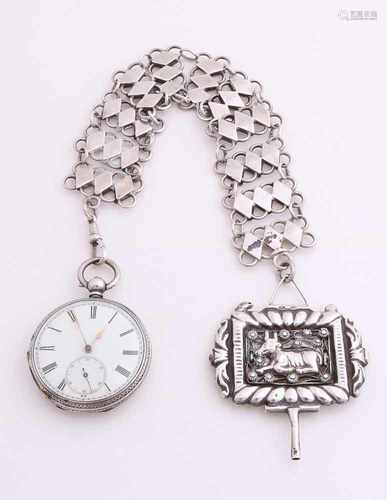 Silver pocket watch attached to a chatelaine, provided with wiebervormige-switched links, with