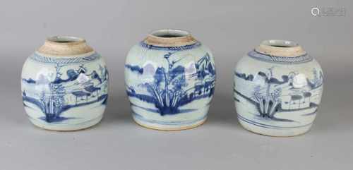 Three antique Chinese porcelain ginger jars with various landscapes scenery. Crackle. Size: 16-18