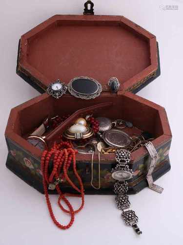 Wooden box with painting, filled with various jewelry include coral necklaces and pendants, silver