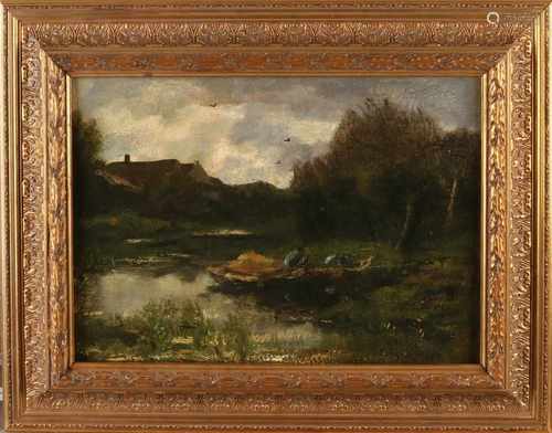 Jacob H. Maris. 1837 - 1899. Hague School. River view with cane cutter boat. Relined. Oil on