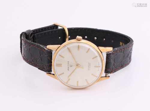 Yellow gold men's watch, 585/000, with leather strap. Brand Ancre. Round watch with a cream