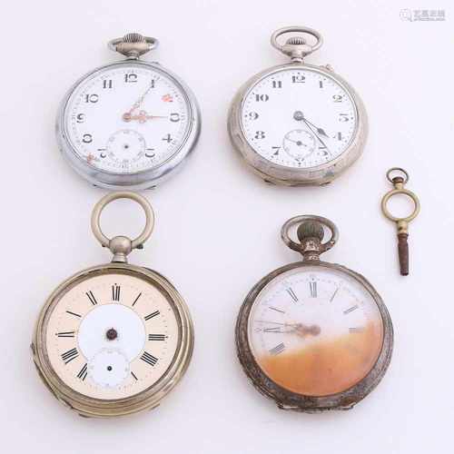 Lot 4 pocket watches, silver and white metal. A watch with rust damage and watch fog glass. In