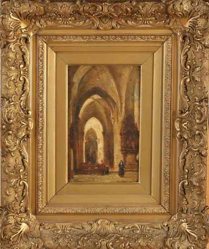 Unsigned. 19th century. Hollands church interior with Figs. Oil paint on panel. Size: 26 x H, B 16