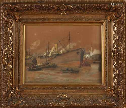 Anton Dirckx. 1878 - 1927. Rotterdam harbor scene. Mixed media on paper. Size: 25 x H B 30 cm. In