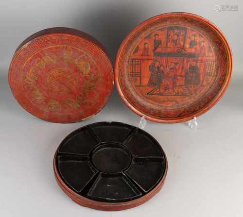 Two parts of antique Chinese red lacquer. Comprising: Divide Scale lid box with bat decor. Scale