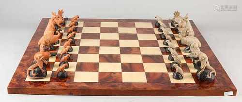 Australian chess game with poly stone painted figures / + animals burl chessboard. Size: 14 x 64 x