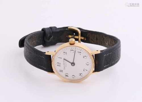 Yellow gold ladies watch, 585/000, with leather strap. Watch with round gold box with a leather